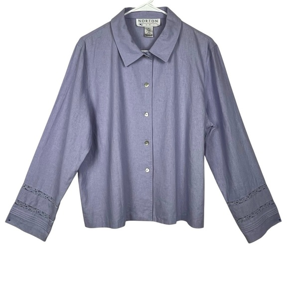 Vintage Norton Studio Violet-Blue Linen Blend Long Sleeve Blouse Size Large - Picture 1 of 9